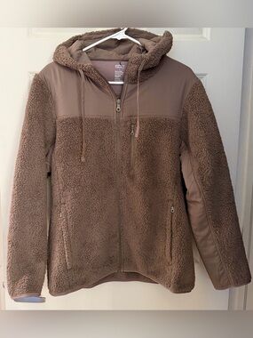 Girlfriend Collective Recycled Fleece Full Zip Hooded Jacket, Brown, Size 4